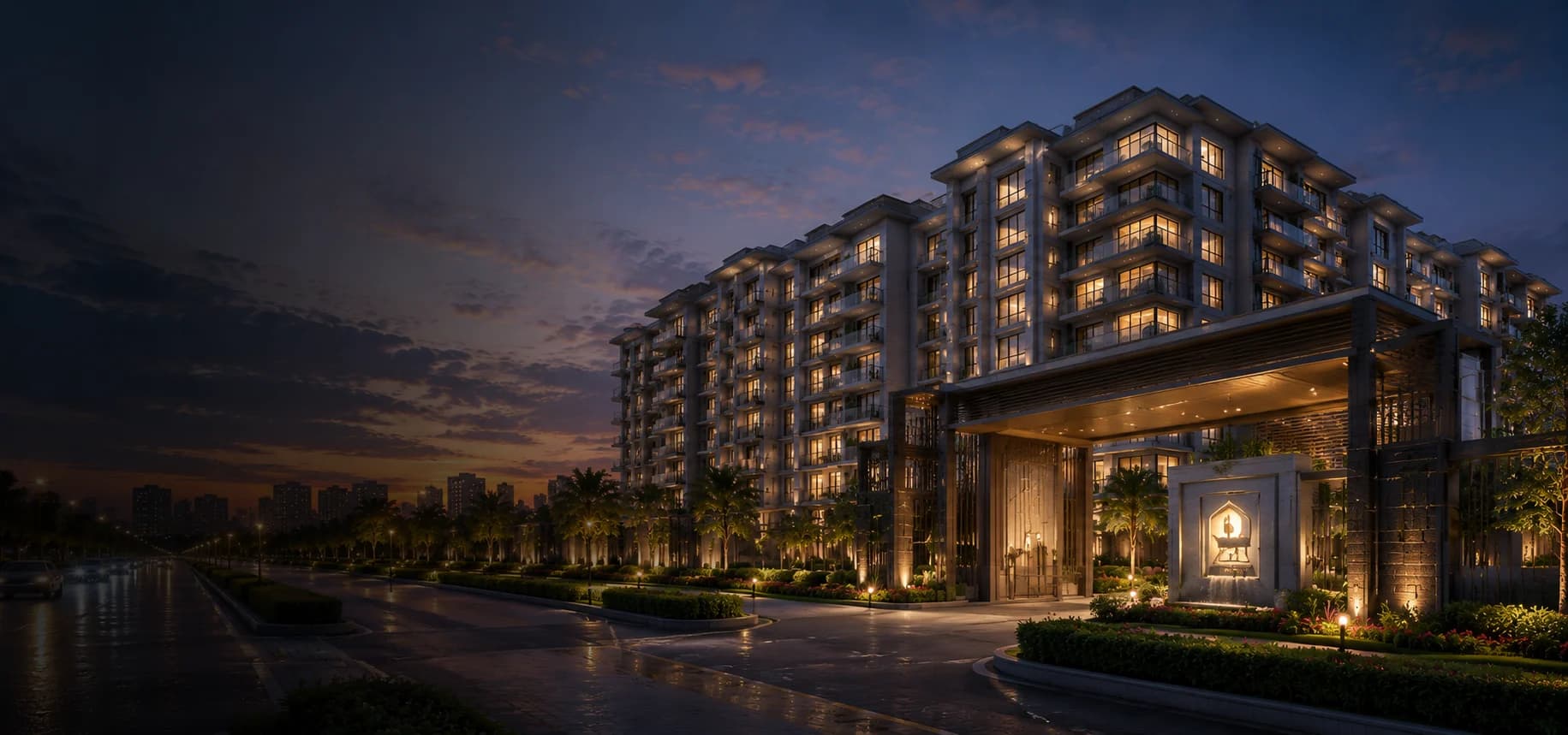 Rising Spark apartment project at dusk