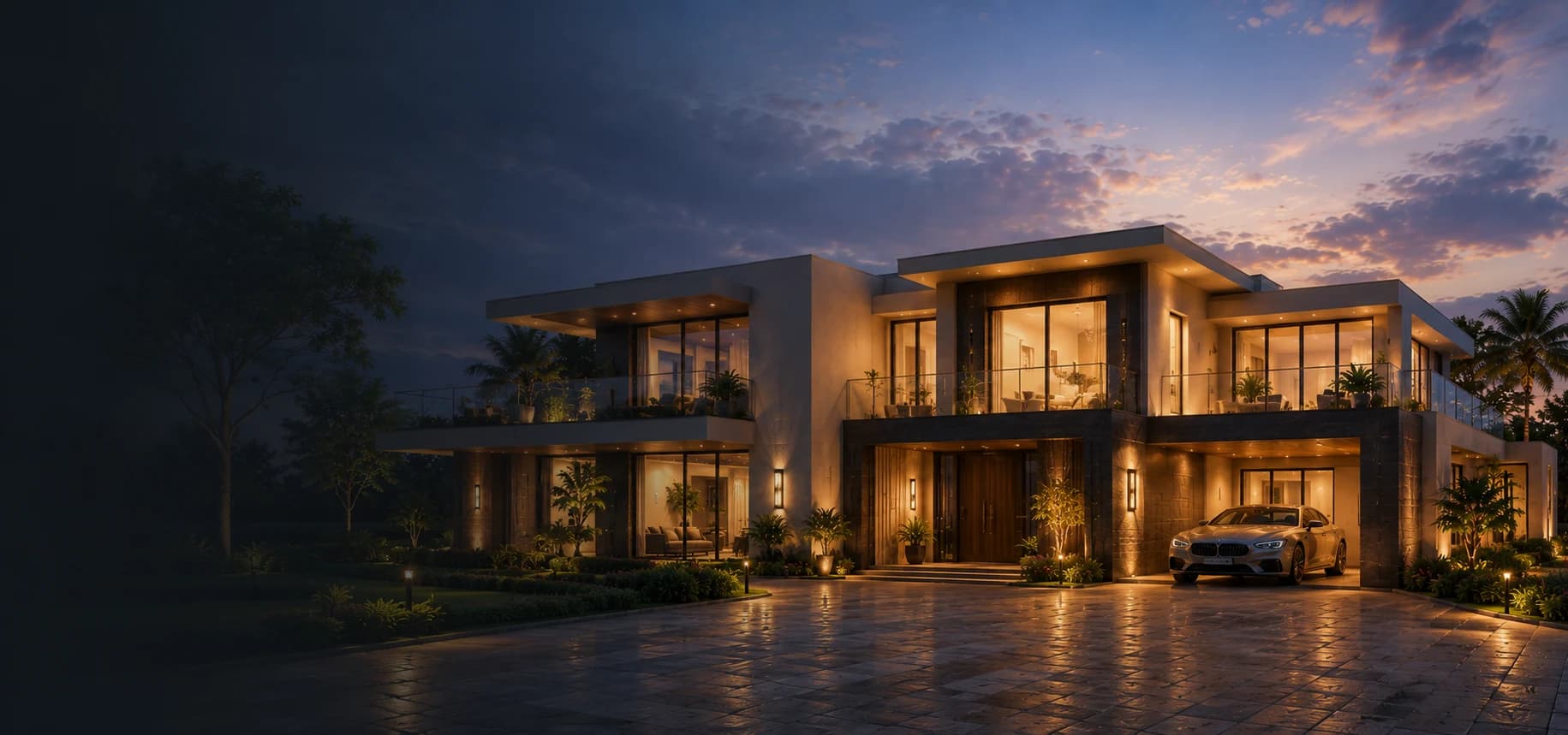 Modern luxury residence at sunset