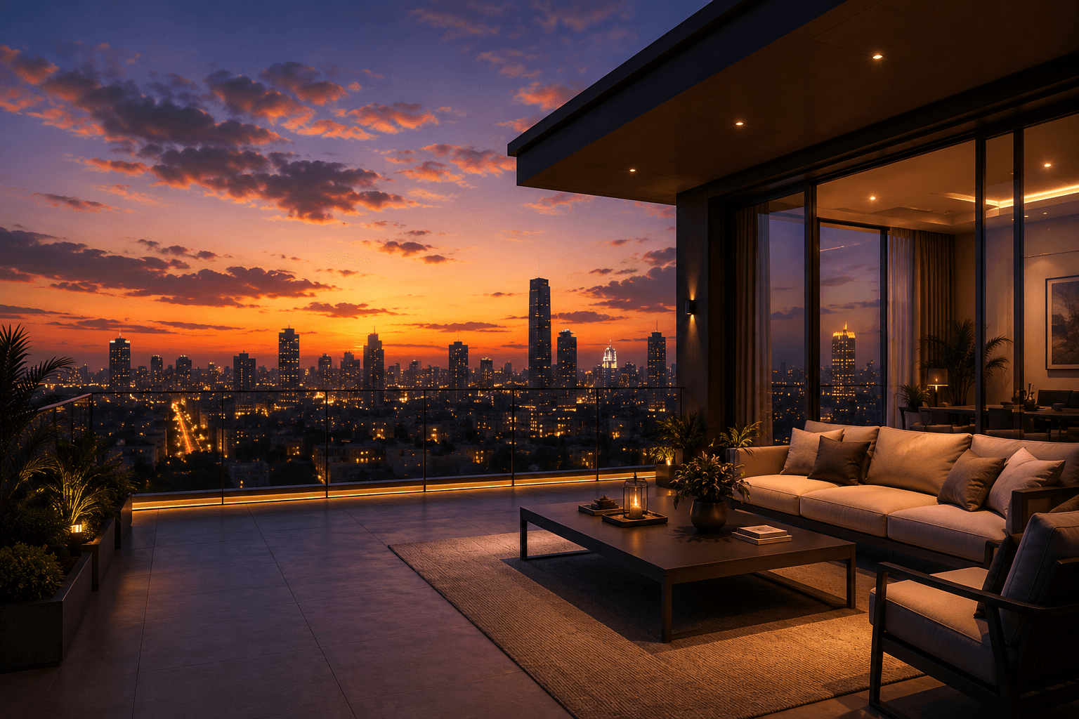 Luxury terrace overlooking a city skyline at sunset