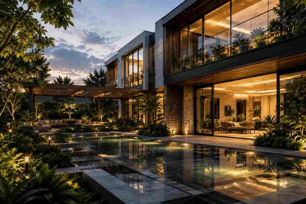 Modern apartment building surrounded by greenery