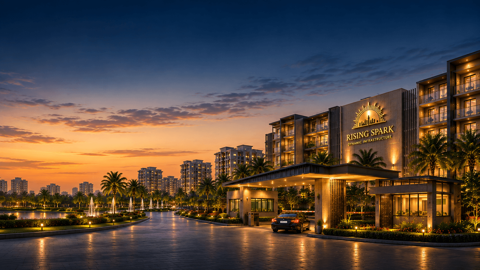 Rising Spark residential development at sunset